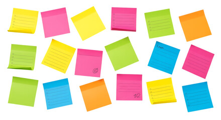 Colorful sticky notes isolated on transparent background create a vibrant pattern