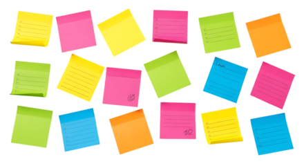Colorful sticky notes isolated on transparent background create a vibrant pattern