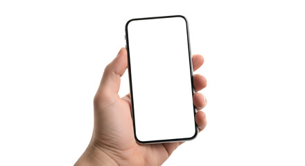 Hand holding smartphone with blank screen isolated on transparent background for mockup