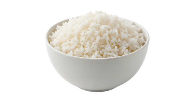Bowl of white rice isolated on transparent background, a staple food worldwide