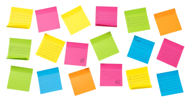 Colorful sticky notes isolated on transparent background create a vibrant pattern