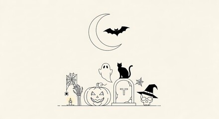 Halloween scene isolated on white background featuring a cat, bat, ghost, witch hat, tombstone and pumpkin, creating a spooky and festive atmosphere for holiday designs