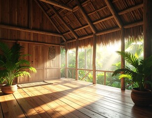 Sunny wooden porch overlooking a vibrant tropical landscape