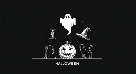 Halloween themed vector illustration on black background featuring a ghost, pumpkin, cat, tombstone, candle and witch hat, perfect for spooky and festive designs