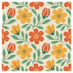 Charming seamless floral pattern with orange and yellow flowers and green leaves on a light beige background. Perfect for fabric, wallpaper, and cheerful botanical design.
