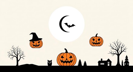 Halloween landscape with pumpkins, bat, moon, and trees perfect for halloweenthemed designs and decorations isolated on white background