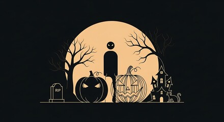 A spooky halloween scene featuring pumpkins, a tombstone, a haunted house, trees, and a shadowy figure against a full moon in a dark, minimalist style
