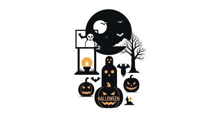 Halloween night scene with spooky pumpkins, ghost, bats, moon, and candle isolated on white background perfect for halloweenthemed designs and decorations