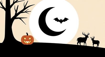 Halloween night scene with pumpkin, bat, deer, and moon isolated on white background perfect for halloweenthemed designs and decorations