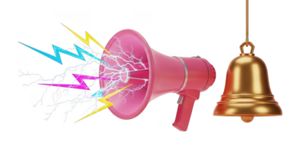 Pink megaphone emitting bright energy next to a golden bell ringing loudly