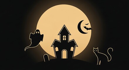 Spooky halloween night scene with a haunted house, ghost, black cat, and moon perfect for halloween themed designs and decorations