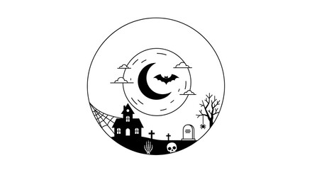 Halloween night scene with a haunted house, bat, and moon isolated on white background spooky and festive design for halloween celebration