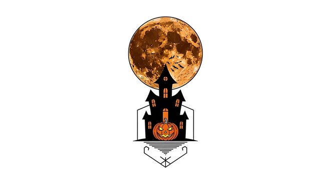 Eerie halloween night scene featuring a haunted house with a jackolantern on the porch under a full moon, creating a spooky and atmospheric illustration
