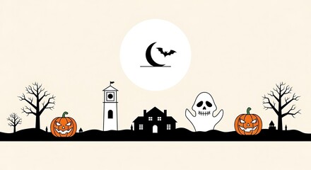 Halloween night vector illustration with pumpkin, ghost, bat, house, and moon isolated on white background perfect for cards, invitations, posters, and banners