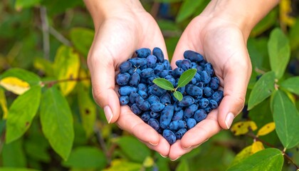 Person holding a heart-shaped pile of dark blue berries with green plant
