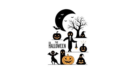 A halloween pixel art scene featuring ghosts, pumpkins, and other halloween themed elements isolated on white background for a spooky and festive design