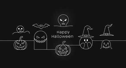 Happy halloween greeting card with cute ghost, pumpkin, bat and skull icons on black background halloween banner, poster, flyer, invitation template vector illustration