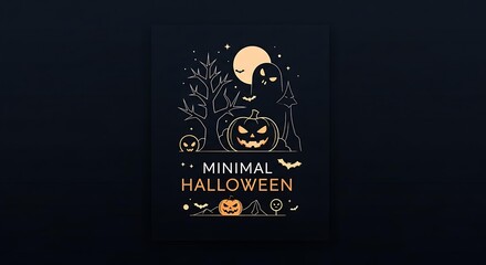 Minimalist halloween poster design featuring a spooky pumpkin, moon, and bats, creating a festive and eerie atmosphere for seasonal celebrations and events