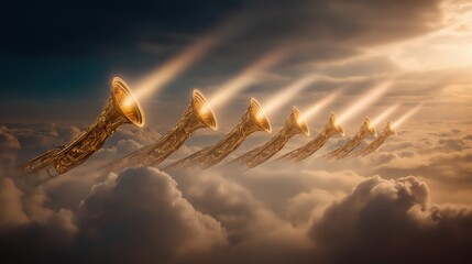 The seven heavenly trumpets of Revelation suspended in radiant light, symbolizing divine judgment, prophecy, and the unfolding of God’s plan for the earth.