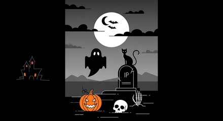 Spooky halloween night scene with haunted house, ghost, bats, cat, pumpkin, tombstone, skull, and moon in black and white for a scary holiday celebration