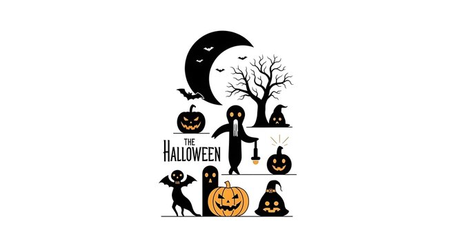 A halloween pixel art scene featuring ghosts, pumpkins, and other halloween themed elements isolated on white background for a spooky and festive design