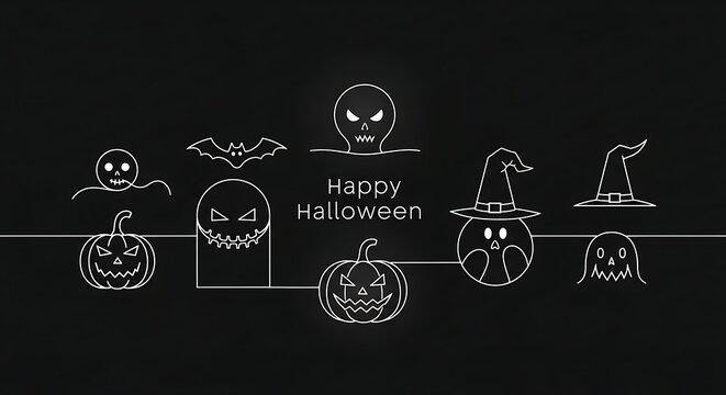 Happy halloween greeting card with cute ghost, pumpkin, bat and skull icons on black background halloween banner, poster, flyer, invitation template vector illustration
