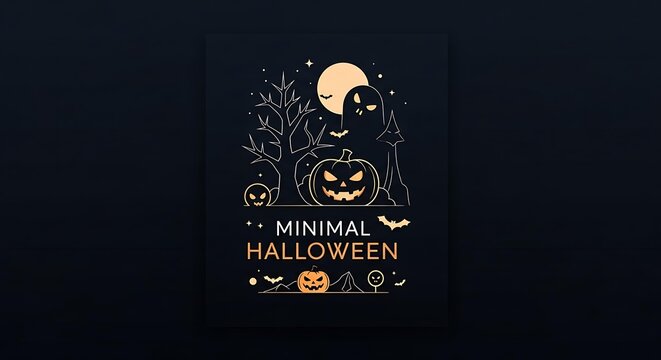 Minimalist halloween poster design featuring a spooky pumpkin, moon, and bats, creating a festive and eerie atmosphere for seasonal celebrations and events