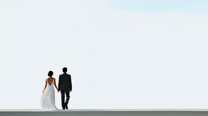 Fototapeta premium Minimalist Wedding Couple Portrait Against Bright Sky Horizon, Open Space Landscape, Modern Romantic Photography with Negative Space Composition