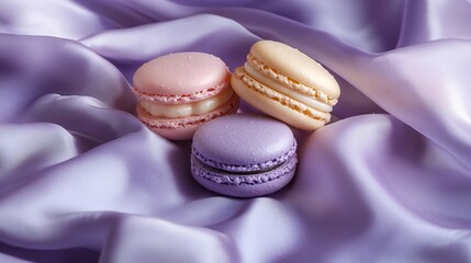 A micro shot of assorted macarons in pastel shades placed on a lavender silk cloth,