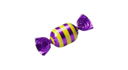 Delicious striped candy with purple and yellow wrapper isolated sweet treat