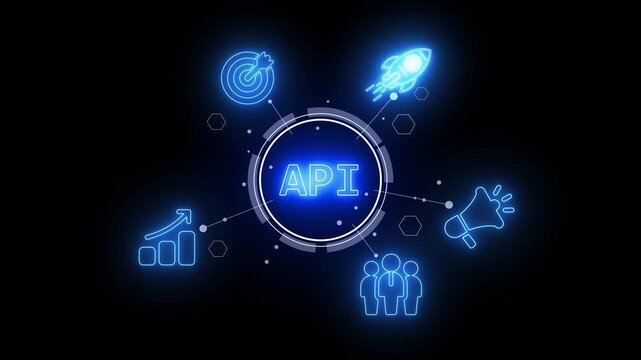 API Application Programming Interface concept with neon icons for growth, target, rocket, megaphone, and team on black background