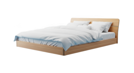 Comfortable modern bed with crisp white linen and wooden frame for cozy bedroom