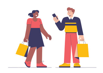 People shopping with bags and mobile phone illustration design vector art