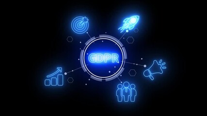 Glowing Blue Neon GDPR Concept with Icons of Growth, Target, Rocket, Megaphone and People on Black Background