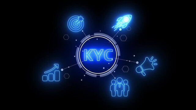 Glowing Blue Neon KYC Concept with Icons of Growth, Target, Rocket, Megaphone and People on Black Background