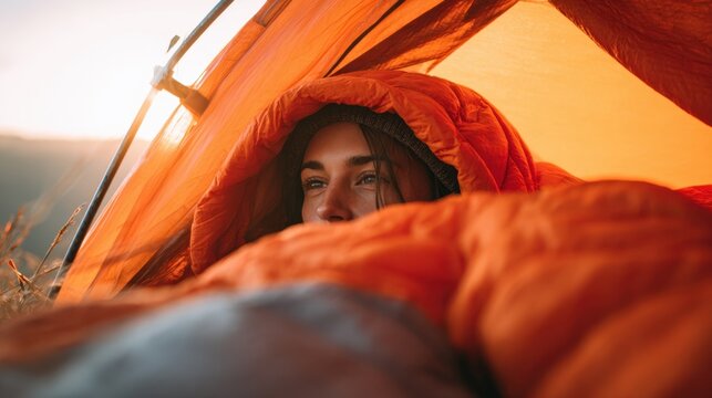 A woman is sleeping in a tent with an orange blanket. The tent is open and the sun is shining through it