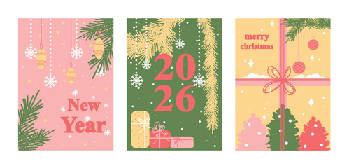Naklejka premium A set of Christmas and New Year greeting cards. Modern Christmas design, typographic design. Minimalistic art banner, poster, cover