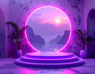 Surreal stage set in violet with ring, palms, mountains, water, and a sunset