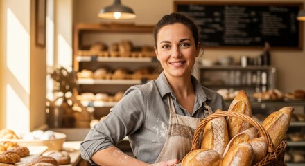 Smiling baker holding fresh bread basket in artisan bakery setting