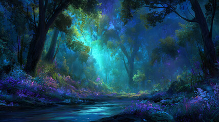 Obraz premium Enchanted forest illuminated by moonlight with glowing flora, dreamy fantasy night landscape