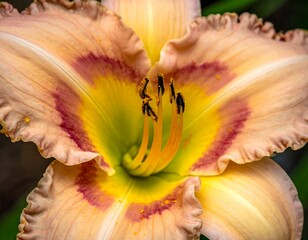 A detailed close-up of a blooming lily, showing the delicate petals' color gradients and detailed center