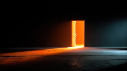 A door is open in a dark room, with a bright orange light shining through it. The scene is eerie and mysterious, with the light creating an otherworldly atmosphere