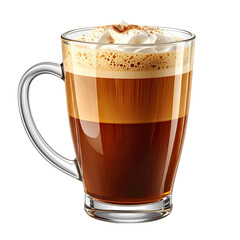 A glass mug of layered coffee drink, topped with whipped cream and a sprinkle