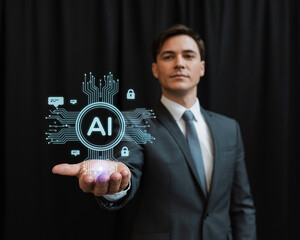 Confident businessman showcasing cutting-edge AI technology with holographic interface, representing innovation, security, and communication solutions in the future of business intelligence