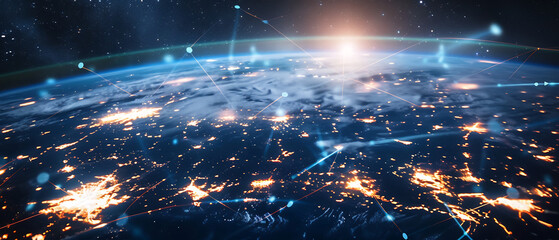 A vibrant earth view from space with glowing city lights and network connections overlaying the planet