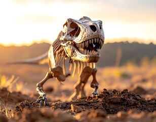 A detailed close-up of a Tyrannosaurus Rex skeleton emerging from the ground, bathed in warm sunset light. Focus on the skull and forelimbs