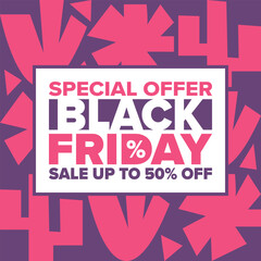 Black Friday. Sale up to 90% off. Biggest sale of the year. Special offer banner. Holiday shopping in United States. Super season deal in November. Discount badge. Creative vector template