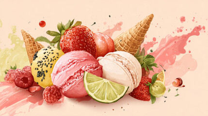 Colorful poster featuring cute ice cream cones and fresh fruits in a playful summer design &ndash; vector illustration