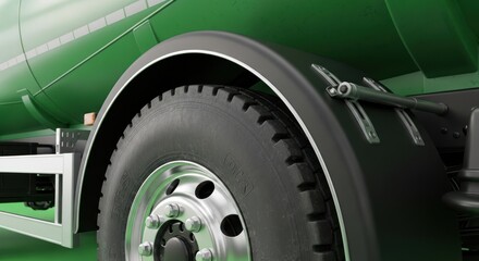 Detailed view of a green tank truck wheel and suspension components