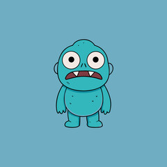 Cute blue cartoon monster with big eyes and sharp teeth silhouette